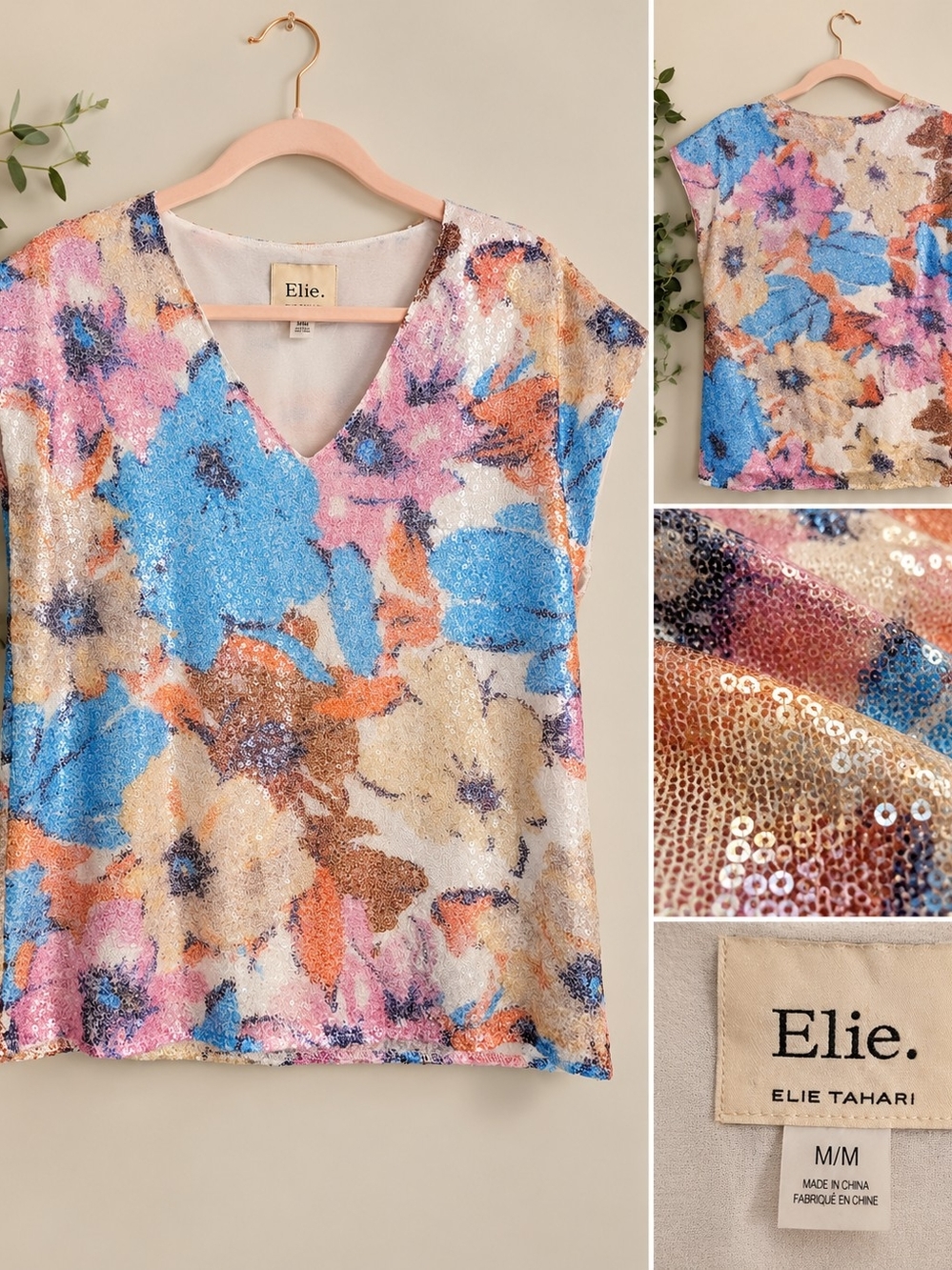 Elie Tahari Floral Sequin V-Neck Shell Top - Blue & Pink 💙💜